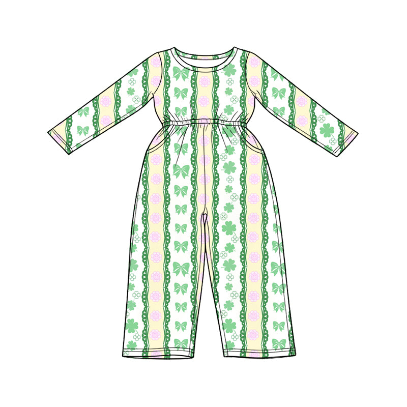Preorder (moq 5) Baby Girl Clothes St Patrick's Day Clover Bow Floral Lace Striped Print Long Sleeve Waist Jumpsuit