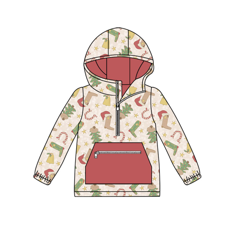 Preorder (moq 5)Baby Boys Boots Trees Pocket Zipper Christmas Hoodies Top