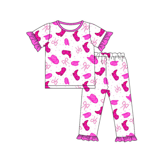 Preorder (moq 5)Baby Girls Hot Pink Boot Hat Bows Top Ruffle Pants Western Pajamas Sets
