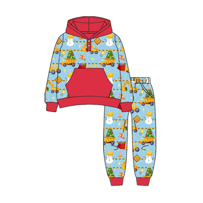 Preorder(moq 5) Baby Boys Long Sleeves Excavators Pockets Button Hoodies Pants Set