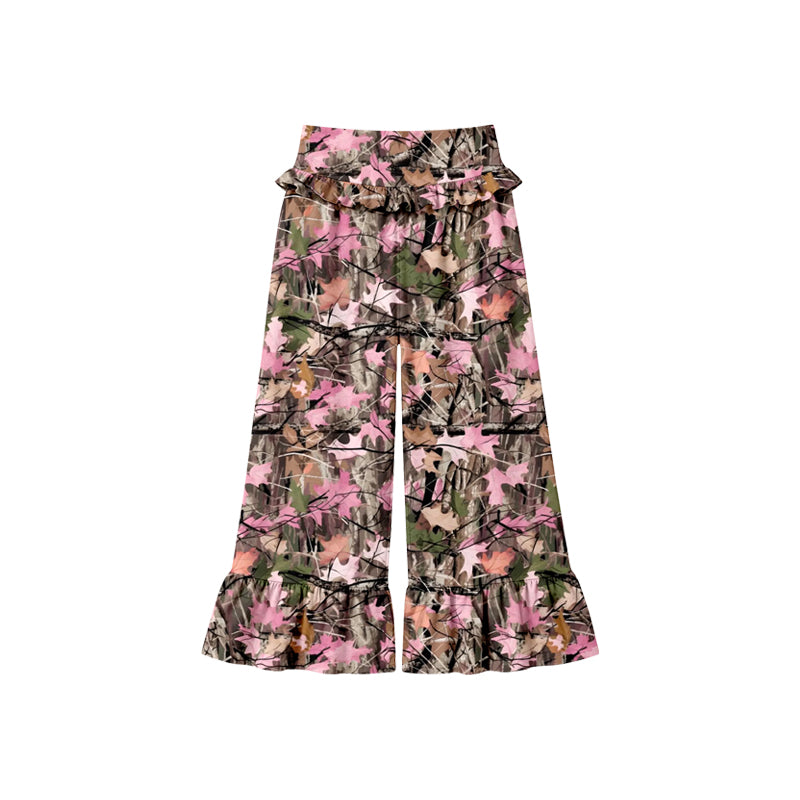 Preorder (moq 5) Baby Girl Clothes Pink Maple Leaf Camo Mixed Print Long Waist Ruffle Bell Bottom Pants