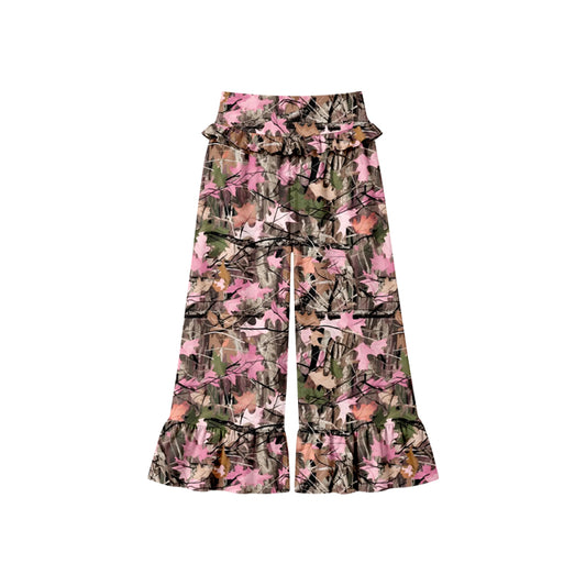 Preorder (moq 5) Baby Girl Clothes Pink Maple Leaf Camo Mixed Print Long Waist Ruffle Bell Bottom Pants