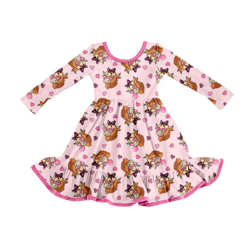 Preorder(moq 8)Baby Girls Pink Hearts Highland Cows Valentine Ruffle Knee Length Dresses