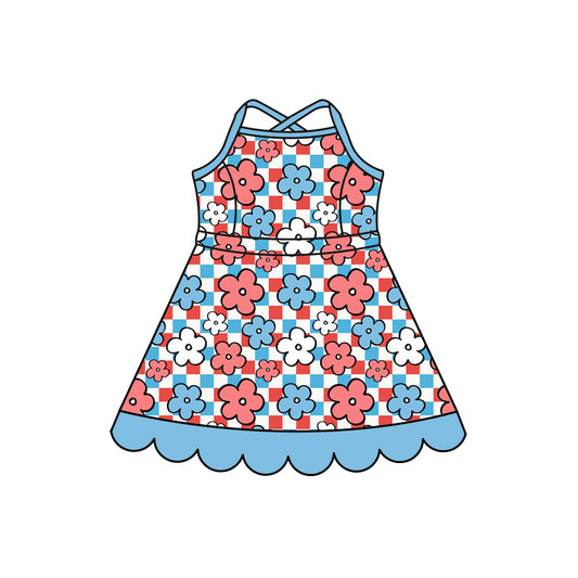 Preorder (moq 5)Baby Girls Strap Blue Checked Flowers Scallop Knee Length Dresses