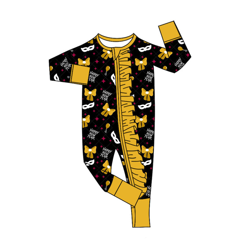 Preorder (moq 20)Baby Girls Bamboo Bows Glasses Happy New Year Zippy Footie Rompers