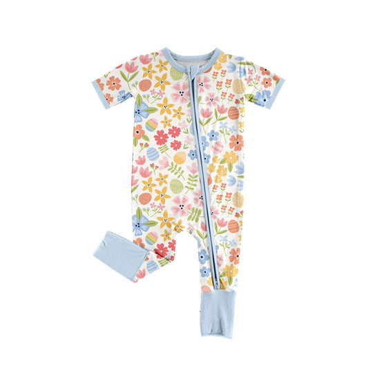 Preorder(moq 8)Baby Girls Colorful Flowers Eggs Easter Zipper Footie Rompers