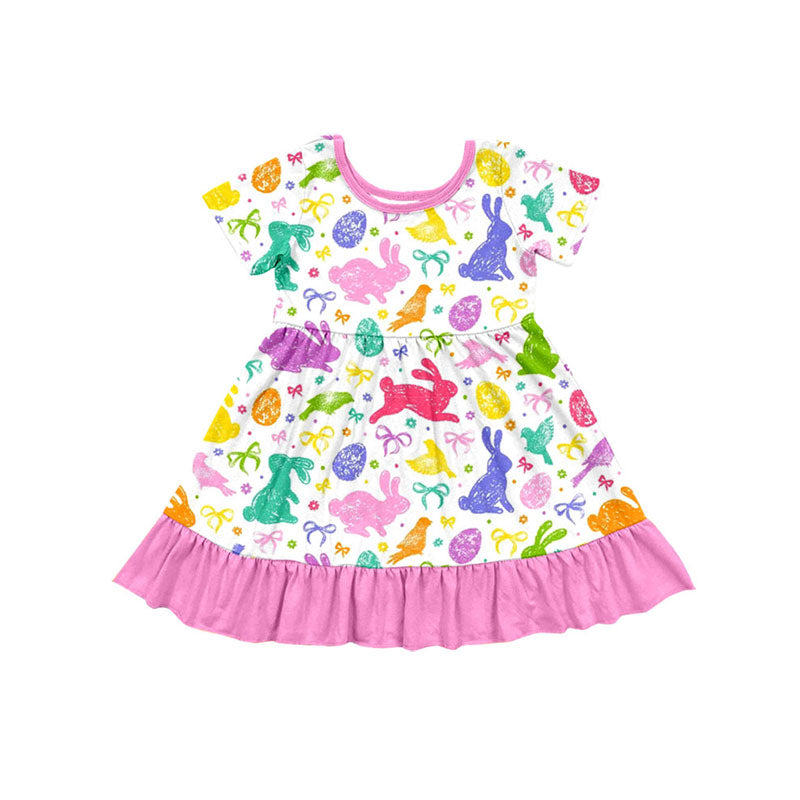 Preorder(moq 5) Baby Girls Colorful Bows Rabbits Easter Ruffle Knee Length Dresses