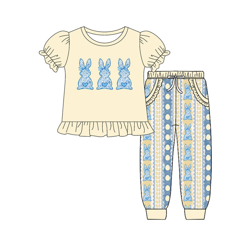 Preorder (moq 5)Baby Girls Floral Rabbits Eggs Stripe Ruffle Top Pocket Jogger Pants Easter Clothes Sets