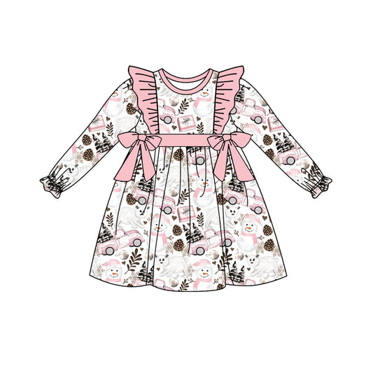 Preorder (moq 5)Baby Girls Long Ruffle Sleeves Snowman Car Trees Knee Length Dresses
