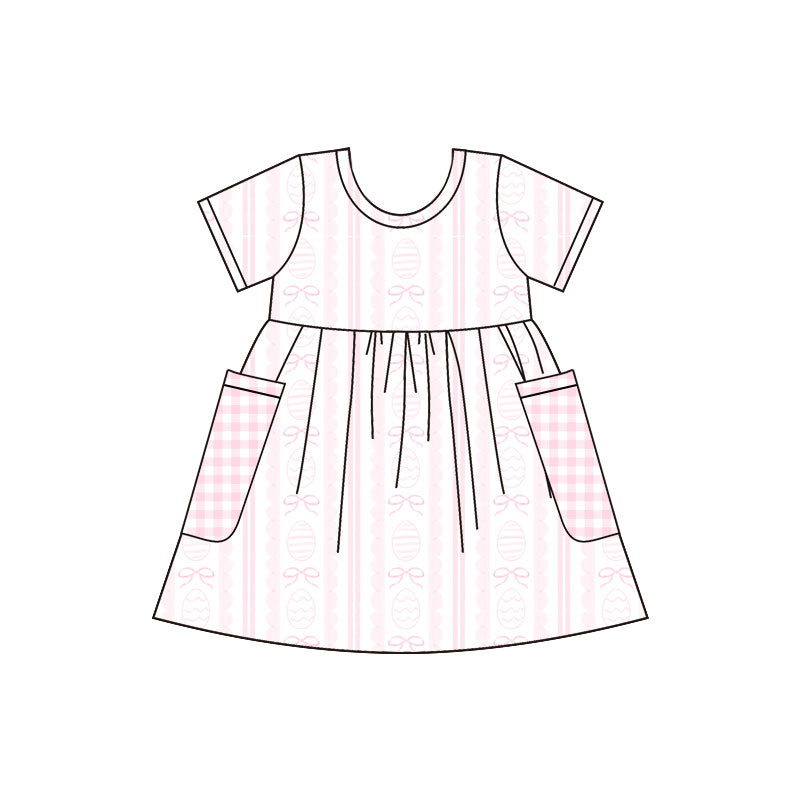 Preorder(moq 5) Baby Girls Pink Eggs Bows Stripe Easter Pockets Knee Length Dresses