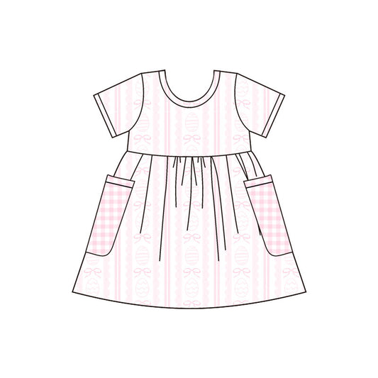Preorder(moq 5) Baby Girls Pink Eggs Bows Stripe Easter Pockets Knee Length Dresses