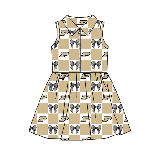 Preorder (moq 5) Baby Girls Sleeveless Bows Purdue Checked Team Zip Knee Length Dress