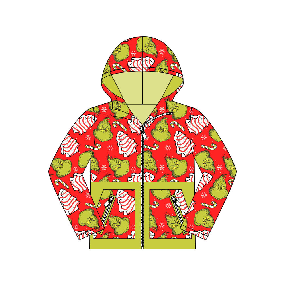 Preorder(moq 5)Baby Boys Green Faces Candy Cane Pockets Zipper Christmas Hoodie Tops