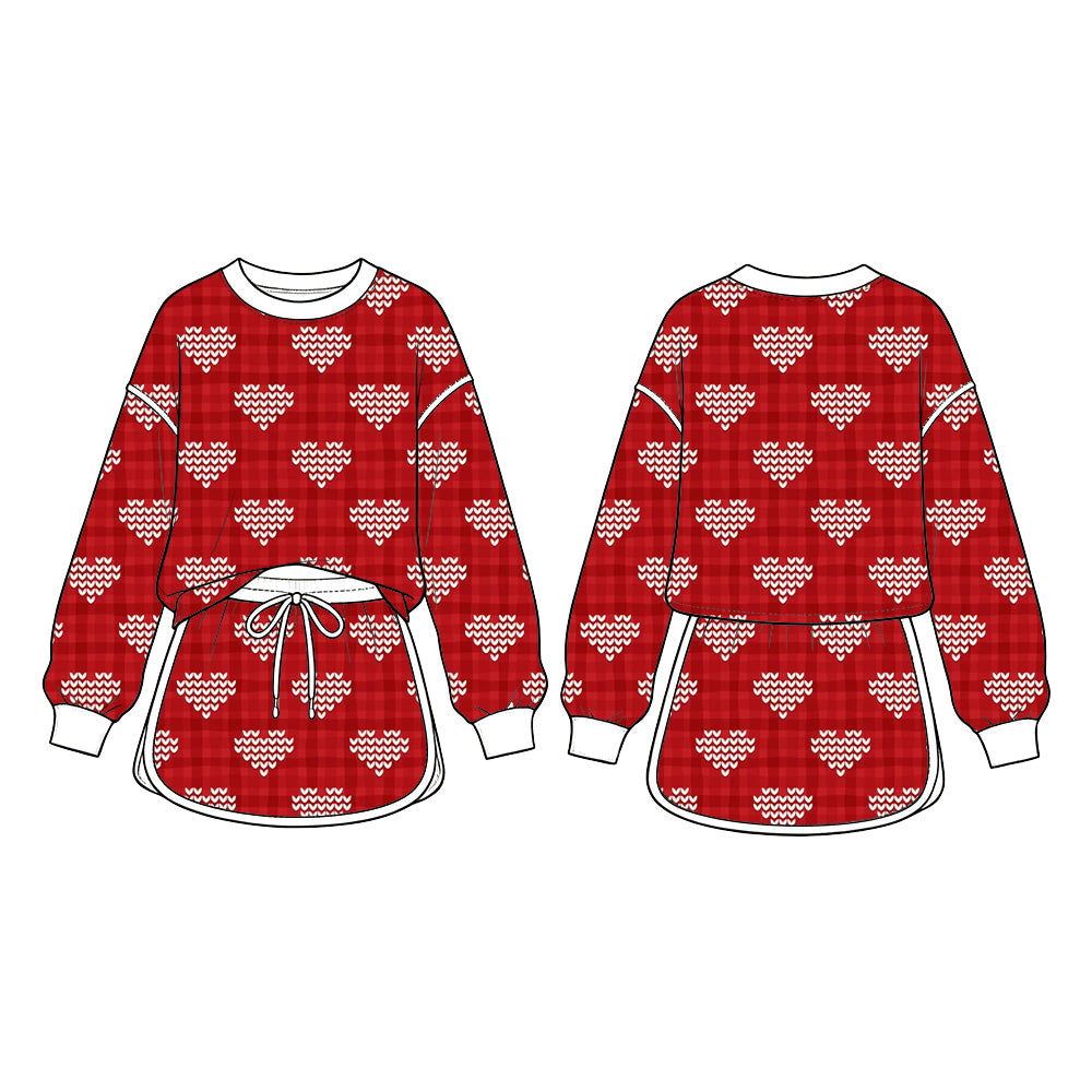 Preorder (moq 5)Baby Girls Hearts Checked Long Sleeve Top Skirt Short Valentines Clothes Set