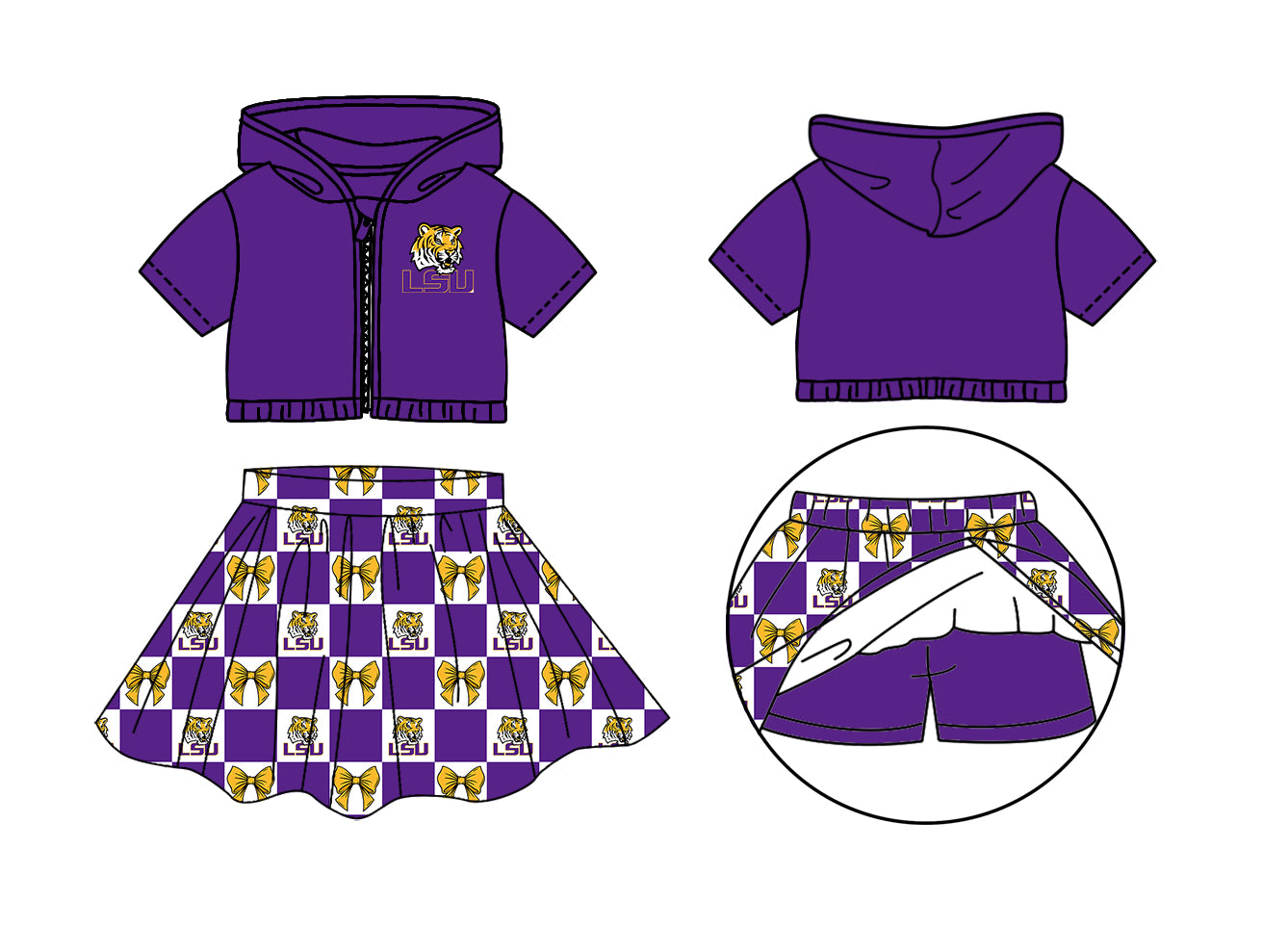 Preorder (moq 5)Baby Girls LSU Tiger Bows Zip Hoodie Jackets Skirt Short Team Clothes Sets