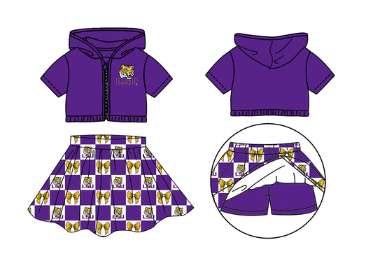 Preorder (moq 5)Baby Girls LSU Tiger Bows Zip Hoodie Jackets Skirt Short Team Clothes Sets