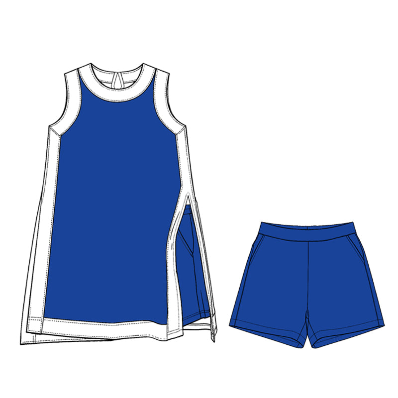 Preorder (moq 5)Adult Women White Blue Split Skirt Pockets Short Clothes Sets
