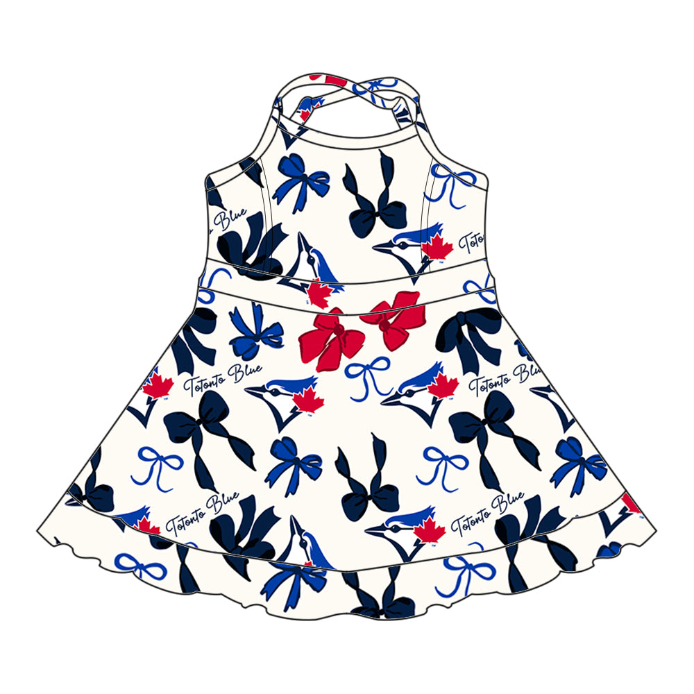 Preorder (moq 5)Baby Girls Strap Bows Plaid Eagle Short Ruffle Team Knee Length Dresses