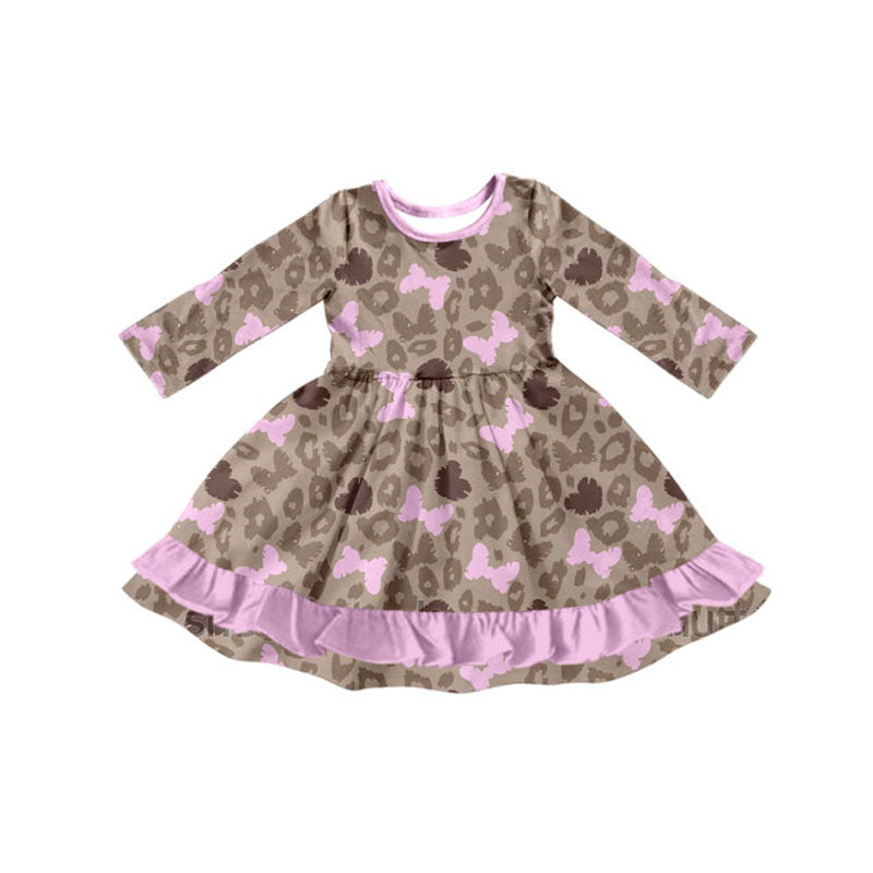 Preorder(moq 8)Baby Girls Brown Leopard Butterfly Ruffle Knee Length Dresses