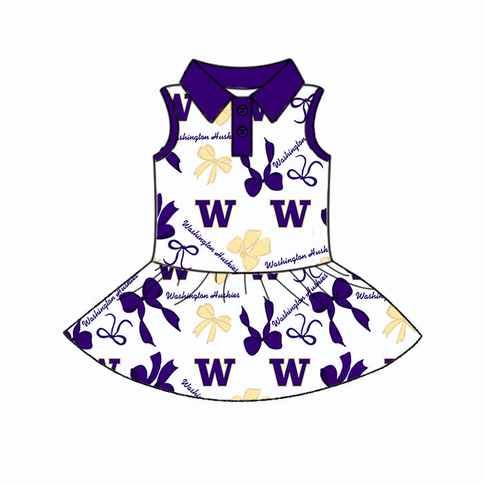 Preorder (moq 5)Baby Girls Purple Sleeveless W Bows Plaid Button Team Knee Length Dresses