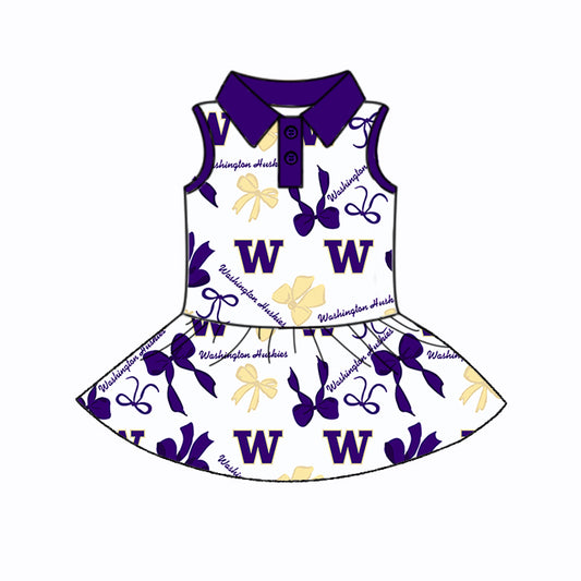 Preorder (moq 5)Baby Girls Purple Sleeveless W Bows Plaid Button Team Knee Length Dresses