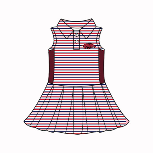 Preorder (moq 5)Baby Girls Sleeveless Dark Red Stripes Button Bull Team Knee Length Dresses