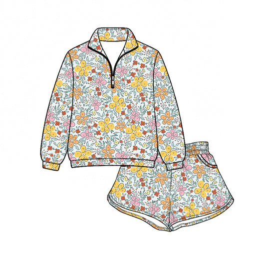 Preorder (moq 5)Baby Girls Colorful Flowers Zip Pullovers Pockets Short Clothes Set