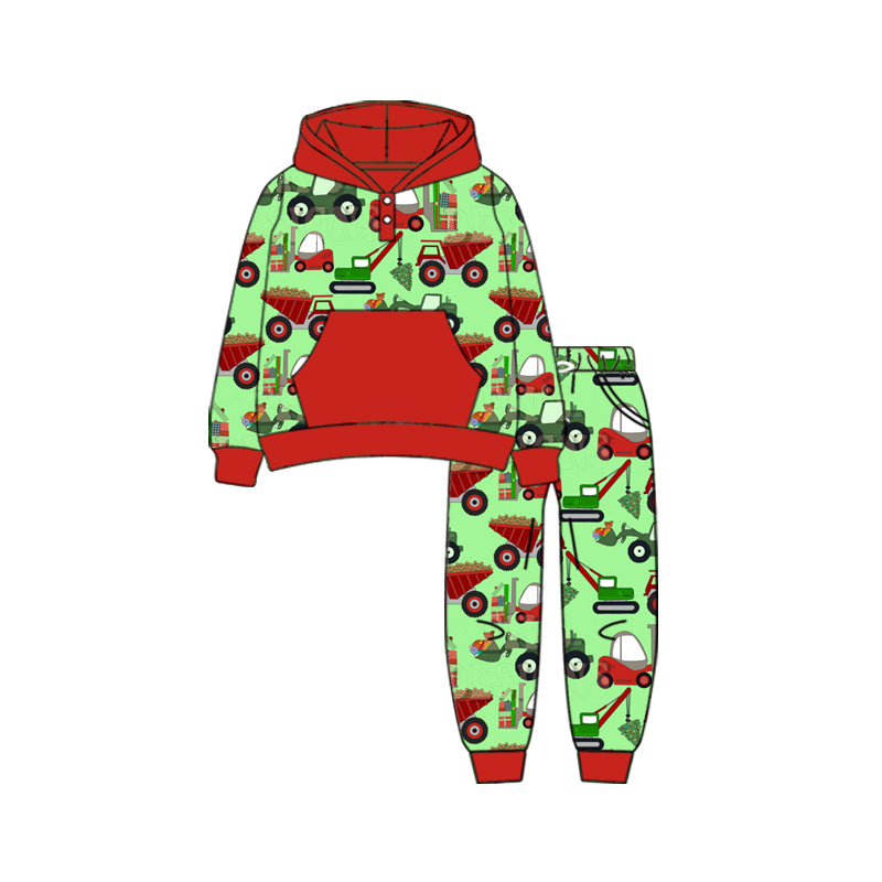 Preorder (moq 5)Baby Boys Long Sleeves Excavators Plaid Button Pocket Hoodies Legging Pants Set