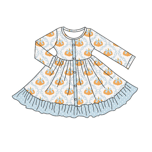 Preorder (moq 5)Baby Girls Bows Pumpkins Fall Button Ruffle Knee Length Dresses