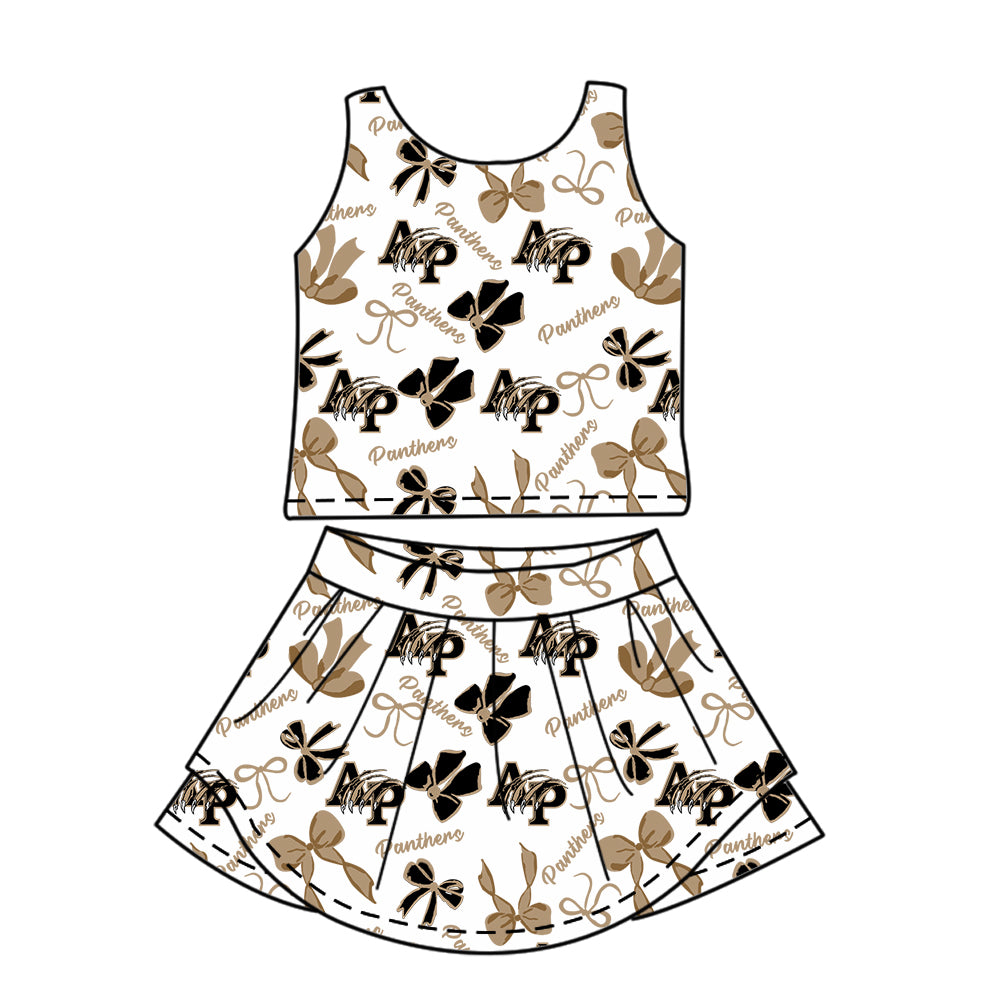 Preorder (moq 5)Baby Girls Brown Sleeveless AP Bows Plaid Top Skorts Team Set