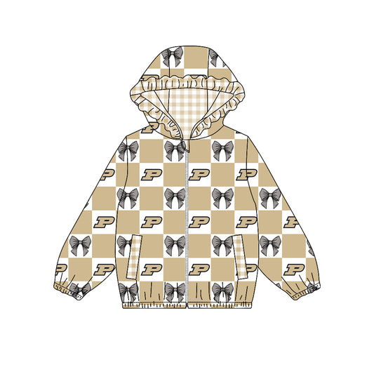 Preorder (moq 5) Baby Girls Bows Purdue Checked Team Ruffle Hoodie Tops