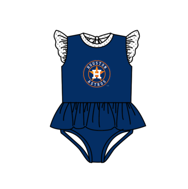 Preorder moq 5 Baby Girls Navy Flutter Sleeve Houston Astros Team Swimsuits