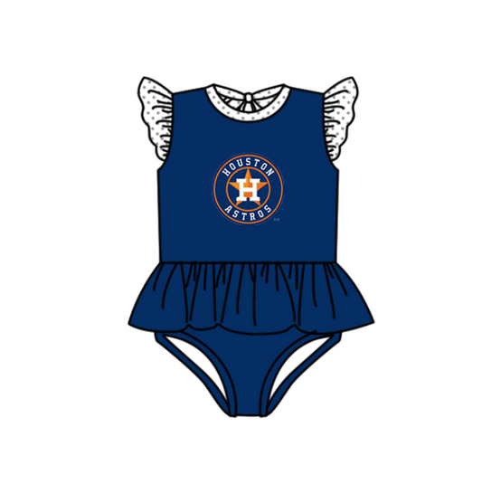 Preorder moq 5 Baby Girls Navy Flutter Sleeve Houston Astros Team Swimsuits