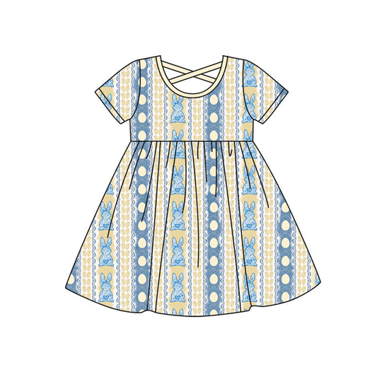 Preorder (moq 5)Baby Girls Floral Rabbits Eggs Stripe Easter Knee Length Dresses