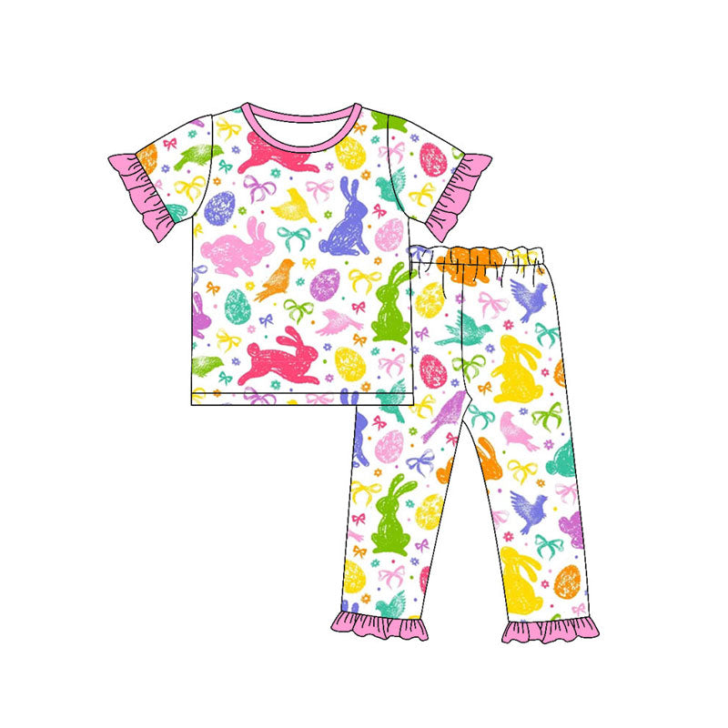 Preorder(moq 5) Baby Girls Colorful Rabbits Bows Top Ruffle Pants Easter Pajamas Sets
