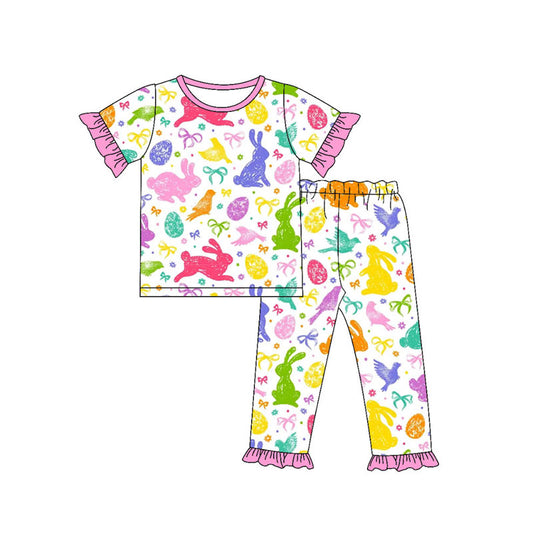 Preorder(moq 5) Baby Girls Colorful Rabbits Bows Top Ruffle Pants Easter Pajamas Sets