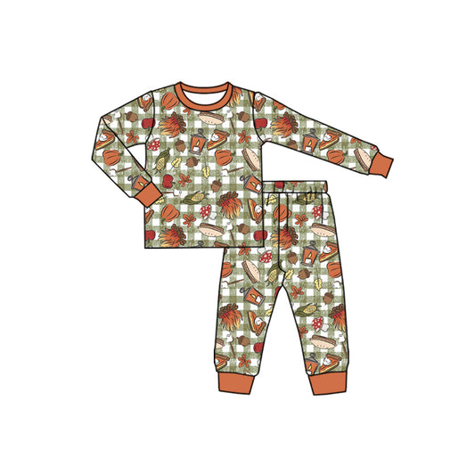 Preorder (moq 5)Baby Boys Long Sleeves Green Plaid Pie Pumpkins Top Pant Pajamas Set