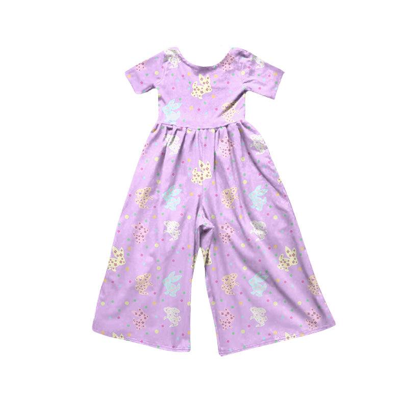 Preorder(moq5)  Girls Casual Soft Short Sleeve Jumpsuit Easter Bunny Donut Print Kids One-Piece Outfit
