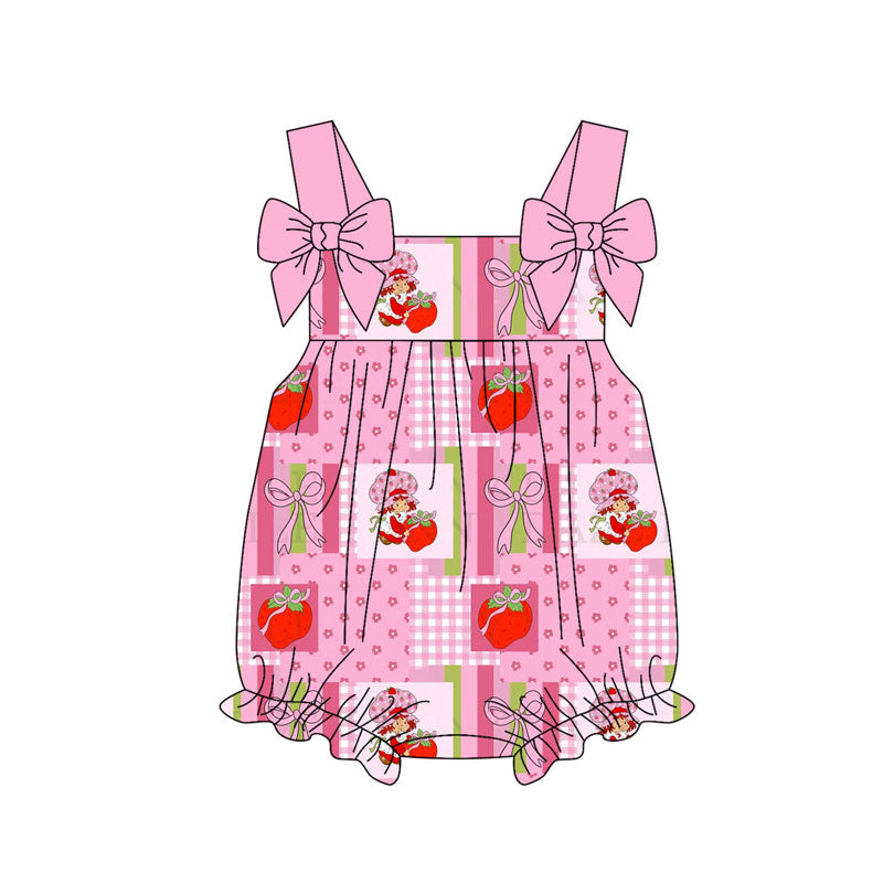 Preorder (moq 5)Baby Strawberry Girls Bows Checked Strap Ruffle Rompers