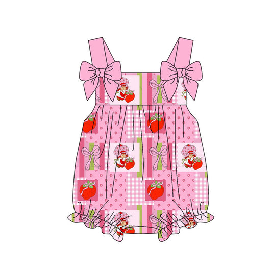 Preorder (moq 5)Baby Strawberry Girls Bows Checked Strap Ruffle Rompers