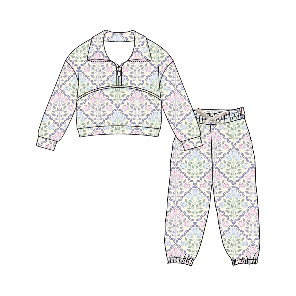 Preorder (moq 5)Baby Girls Colorful Flowers Checked Zipper Top Jogger Pants Clothes Sets