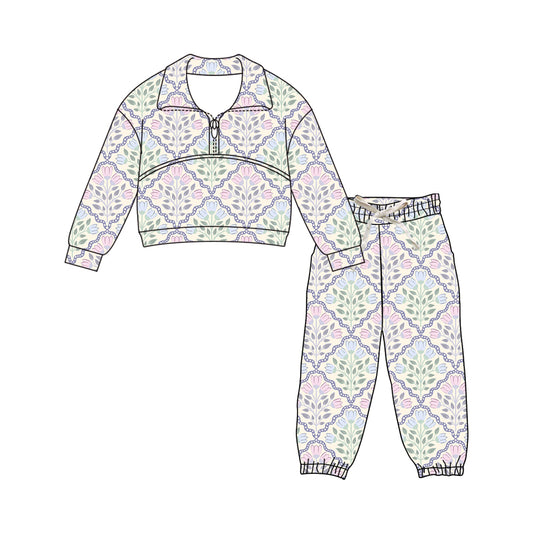 Preorder (moq 5)Baby Girls Colorful Flowers Checked Zipper Top Jogger Pants Clothes Sets
