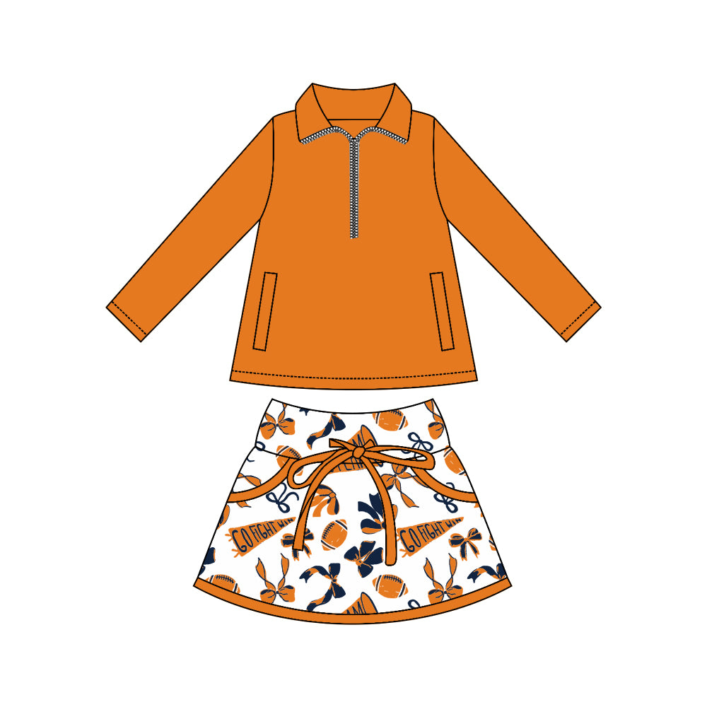 Preorder moq 5 Baby girls Orange Pullover team Tee Shirts Skorts Clothes Sets