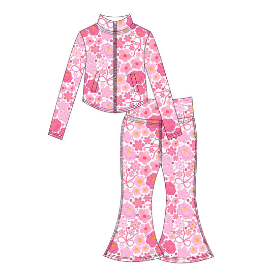 Preorder moq 10 Baby Girls Pink Floral Long Sleeves Flowers Plaid Pockets Zipper Top Bell Bottom Pant Activity Wear Yoga Set