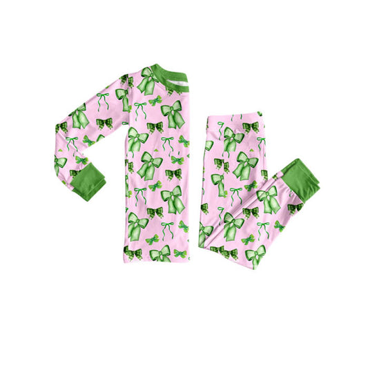 Preorder(moq 8)Baby Girls Green Bows Plaid Top Pants St Patrick Pajamas Sets
