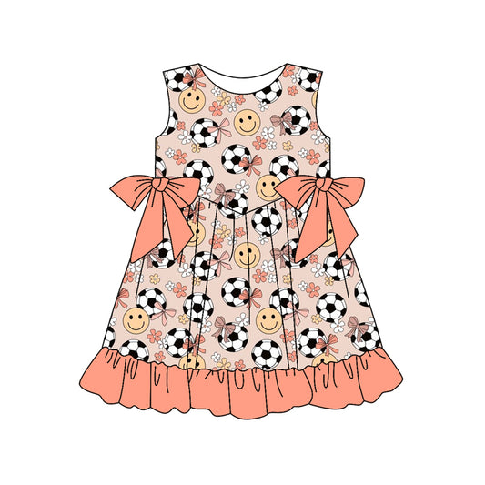 Preorder (moq 5)Baby Girls Peach Sleeveless Smiles Flowers Footballs Knee Length Dresses Preorder