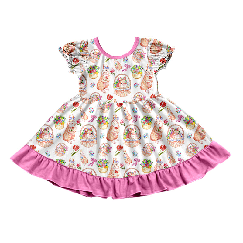 Preorder (moq 5) Baby Girl Clothes Easter Bunny Tulip Basket Floral Mixed Print Short Sleeve Ruffle Twirl Dress