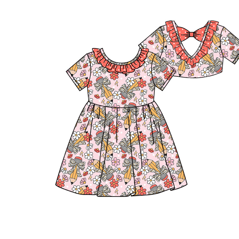 Preorder (moq 5)Baby Girls Back To School Pencils Back Bow Knee Length Dresses