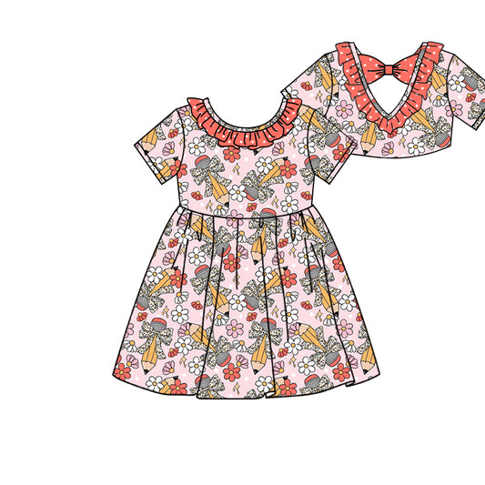 Preorder (moq 5)Baby Girls Back To School Pencils Back Bow Knee Length Dresses