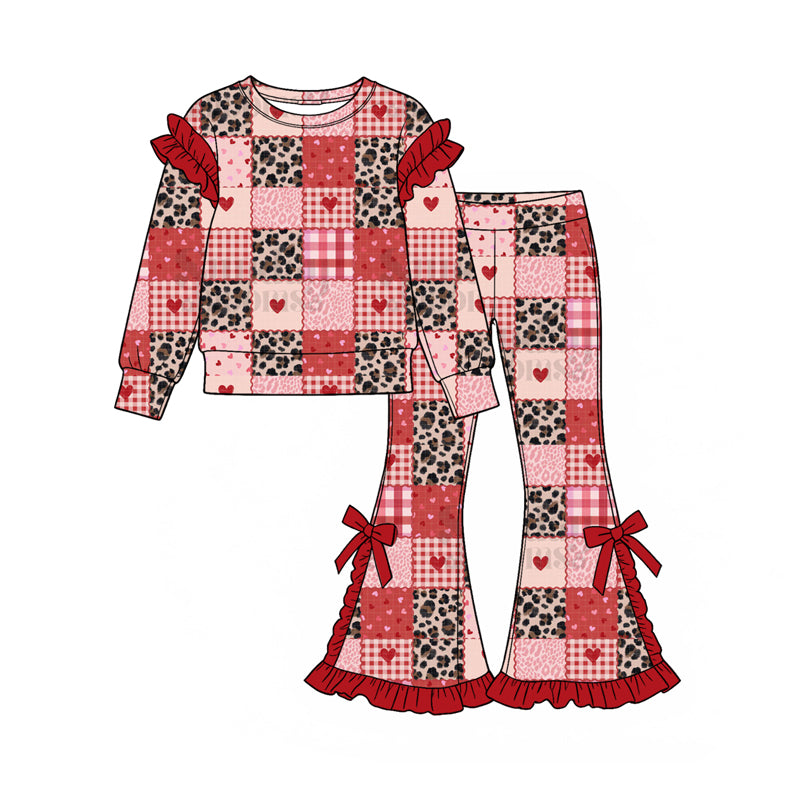Preorder (moq 5) Girls’ Fall Red Leopard & Plaid Heart and Bow Ruffle Long-Sleeve Round-Neck Top with Flare Pants Set